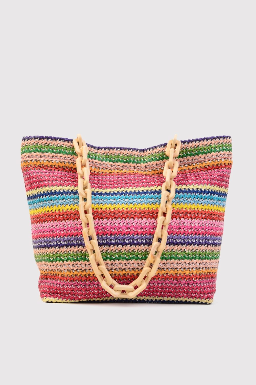 Lolida, فروش کیف دوشی زنجیردار دستی طرح‎دار حصیری صورتی میکس با کیفیت عالی و رنگ زیبا و طرح شیک و قیمت عمده ساخت برند Berlesi .